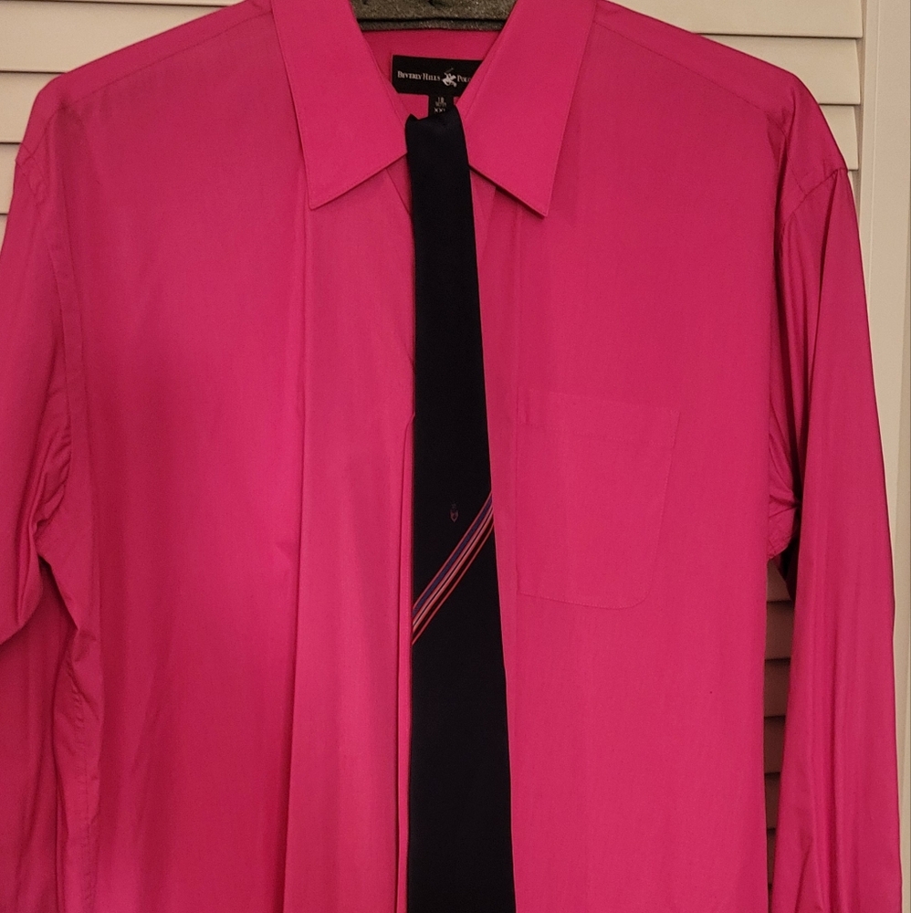 Beverly Hills Polo Club Pink Casual Button Down Shirt. Tie Included!